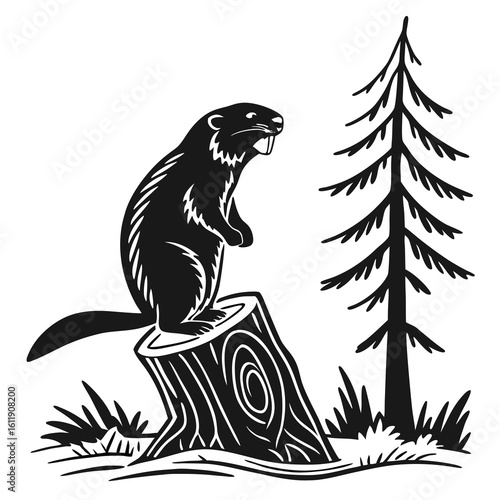 Beaver standing on a tree stump next to a pine tree silhouette isolated on white background