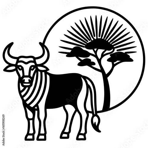 Wildebeest and acacia tree silhouette isolated on white background