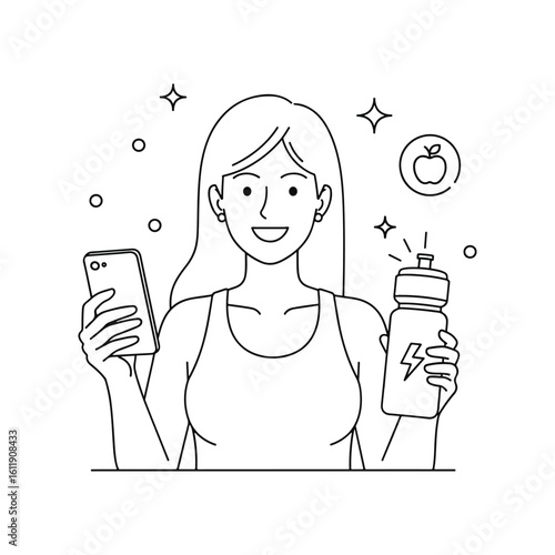 Smiling woman holding phone and water bottle promoting healthy lifestyle and fitness habits