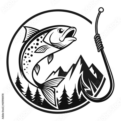 Jumping trout fishing silhouette with mountains and hook isolated on white background