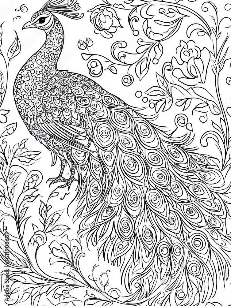 Fototapeta premium Ornate peacock illustration, detailed floral background, coloring book style, printable art