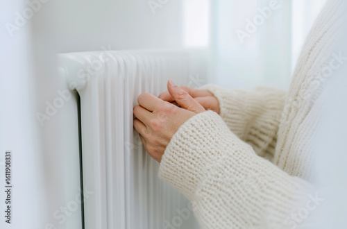 Close-up of a woman putting her frozen hands on a battery in a cold room. Female warming her  fingers up on radiator. White colors, minimalist composition.