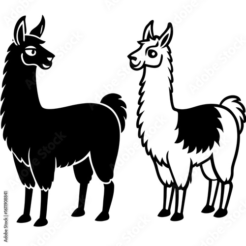 Two llamas one black silhouette and one white silhouette isolated on white background