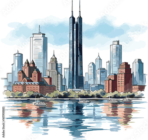 Watercolor Chicago Skyline on White Background