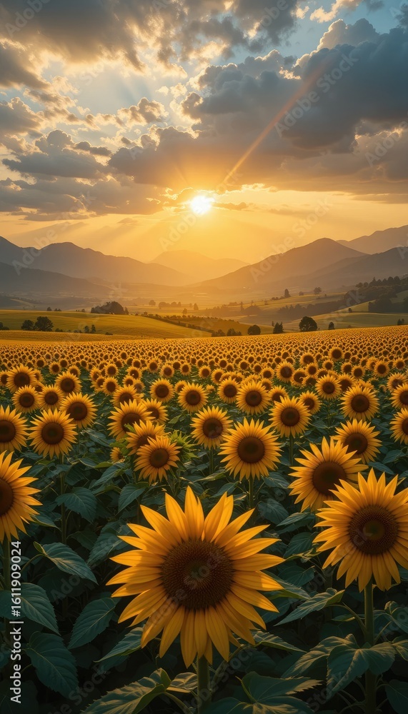 Fototapeta premium Golden sunflowers under a dramatic sunset field golden hour