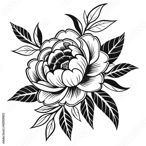 Black and white peony flower silhouette with leaves isolated on white background