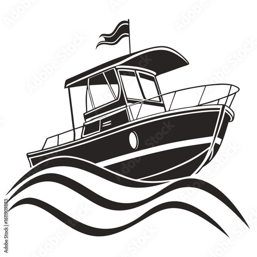 Black silhouette of a motorboat on stylized waves isolated on white background silhouette