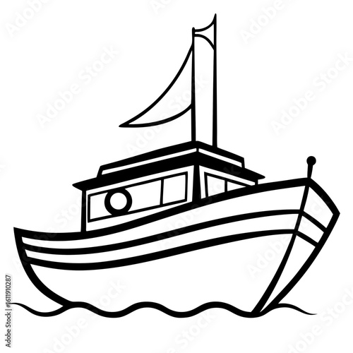 Black and white silhouette of a tugboat on water isolated on white background