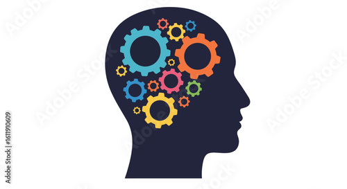 Conceptualizing Ideas A Silhouette of a Human Head Filled with Colorful Gears and Cogs Symbolizing Thought Processes and Cognitive Function