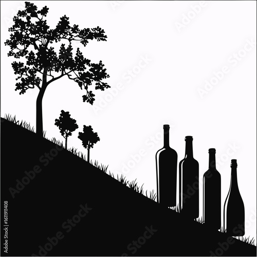 Rolling hillside with trees and wine bottles silhouette isolated on white background