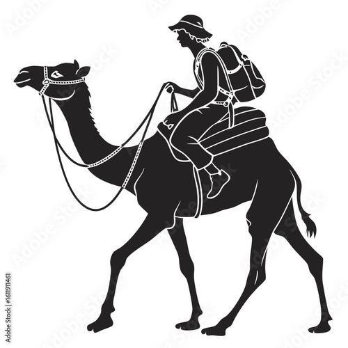 Person riding a camel silhouette isolated on white background