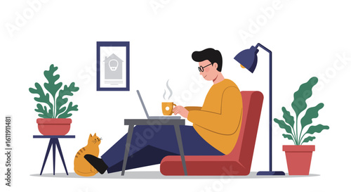 Man working remotely from home on a laptop with a cat and plants, enjoying a warm beverage