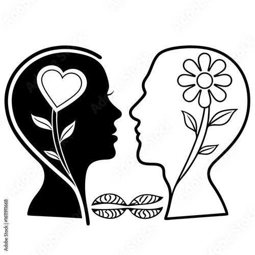 Two heads facing each other with a heart and flower inside silhouette isolated on white background