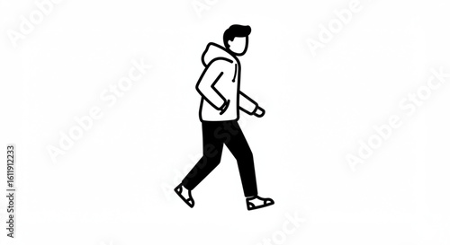 A simple line drawing of a person walking wearing a hoodie and pants in black and white illustration