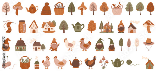 Charming woodland motifs featuring gnomes, cozy cottages, rustic teapots, and autumnal trees evoke a sense of whimsical warmth and nature's embrace