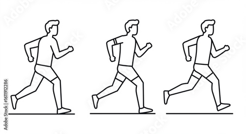 Three minimalist line drawings of a man running in different stages of motion on a flat surface