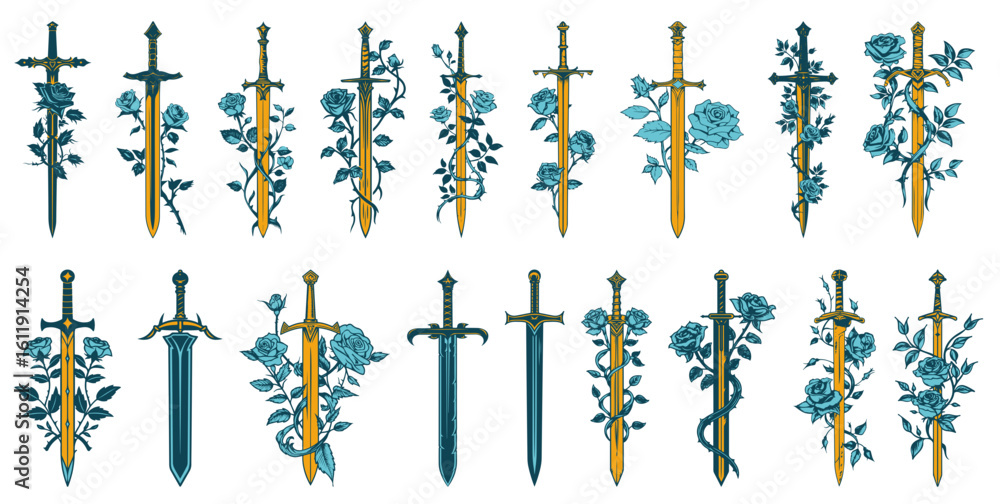 Naklejka premium Elegant swords intertwined with roses design, perfect for tattoo art or fantasy illustration projects, showcasing strength, beauty, and edgy style