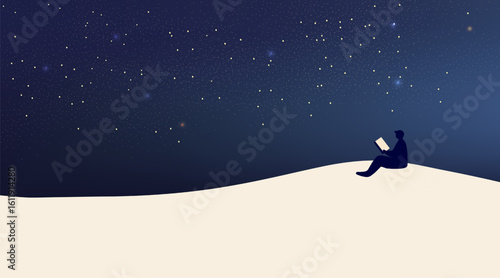 A man reads a book while sitting under the stars.