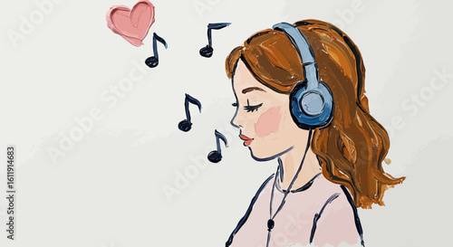 Artistic illustration of a young woman with headphones enjoying her favorite music, with floating notes and a heart symbol.