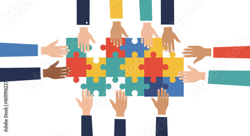 Collaborative Effort Diverse Hands Joining Puzzle Pieces