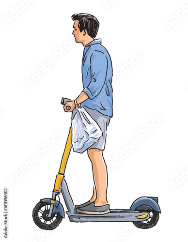 One young townsman with bag riding scooter, realistic hand drawn vector illustration isolated on white background