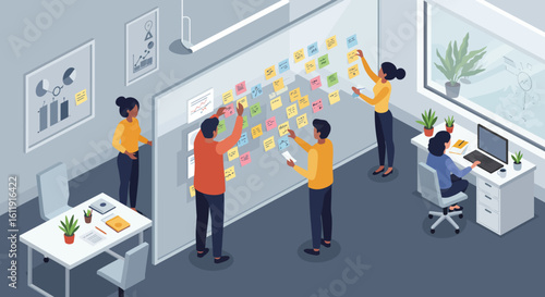 Creative Team Collaborating on Project Ideas Using Sticky Notes on a Whiteboard in a Modern Office Setting
