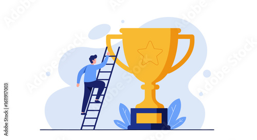 A determined individual climbs a ladder towards a large golden trophy, symbolizing achievement and success.