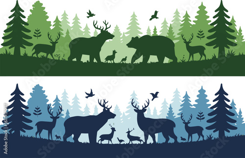 nature themed silhouette vector with forest wildlife deer bear birds and trees in green and blue