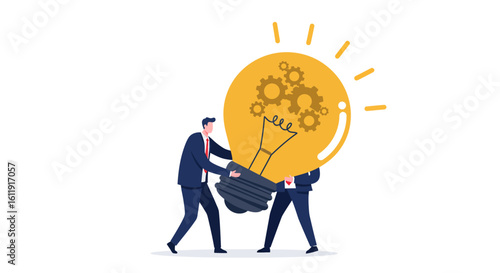 Concept of collaborative innovation. Business partners carrying a large idea lightbulb, symbolizing teamwork and strategy.
