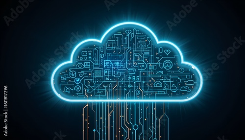 Abstract glowing cloud computing network; digital data streams, futuristic technology concept.