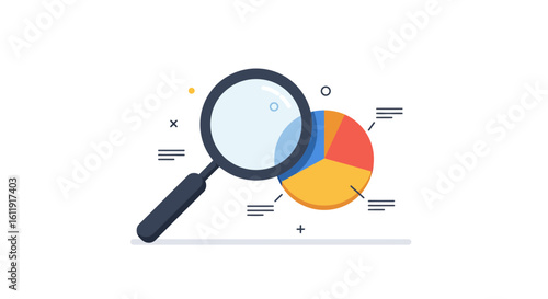 Business data analysis concept. A magnifying glass searching and examining a statistical pie chart for market research insights.