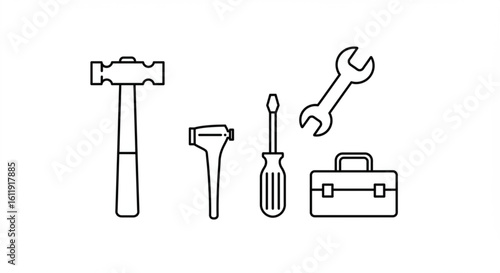 Illustration of a hammer, otoscope, screwdriver, wrench, and toolbox in black outline on white background