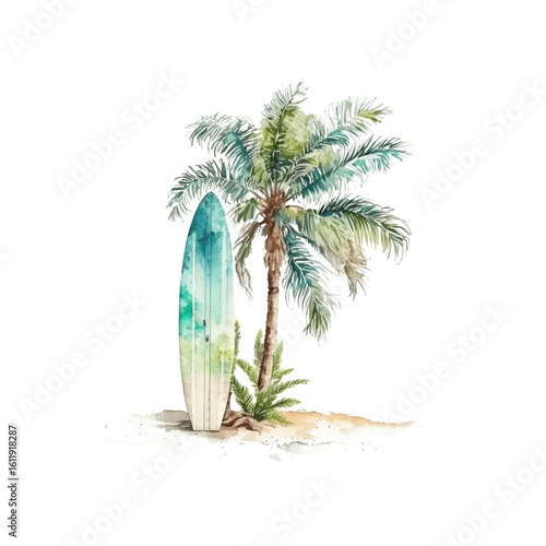 Watercolor surfboard leaning against palm tree on sandy beach, evoking summer vibes and coastal relaxation