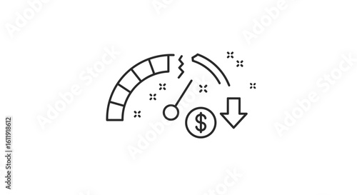 Financial performance gauge with dollar symbol and downward trend  