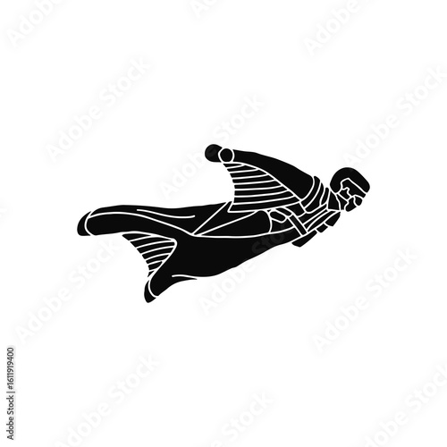 Dynamic silhouette of wingsuit flyer soaring through air, capturing the thrill of extreme sports and adventure