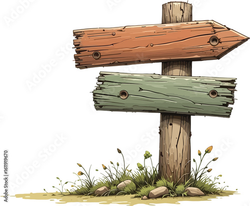 A rustic wooden signpost with arrows pointing in different directions