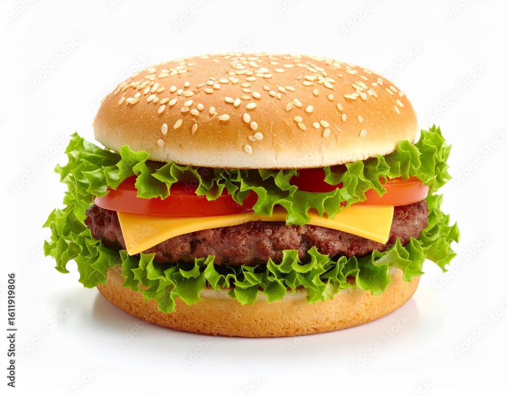 Single cheeseburger with lettuce, tomato, cheese, and sesame bun, isolated on white b 527833 Single cheeseburger with lettuce, tomato, cheese, and sesame bun, isolated on white b 527833