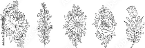 Cad drawing flat vector illustration of floral silhouettes with peony, tulip, rose, and daisy, black and white botanical artwork set