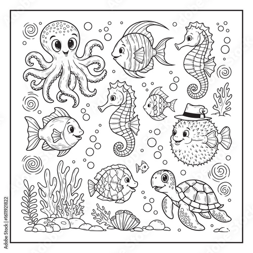 Cute cartoon underwater sea creatures including octopus fish seahorse pufferfish and turtle in black and white