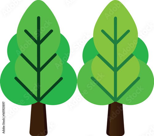 Two stylized green trees with brown trunks and leaf patterns