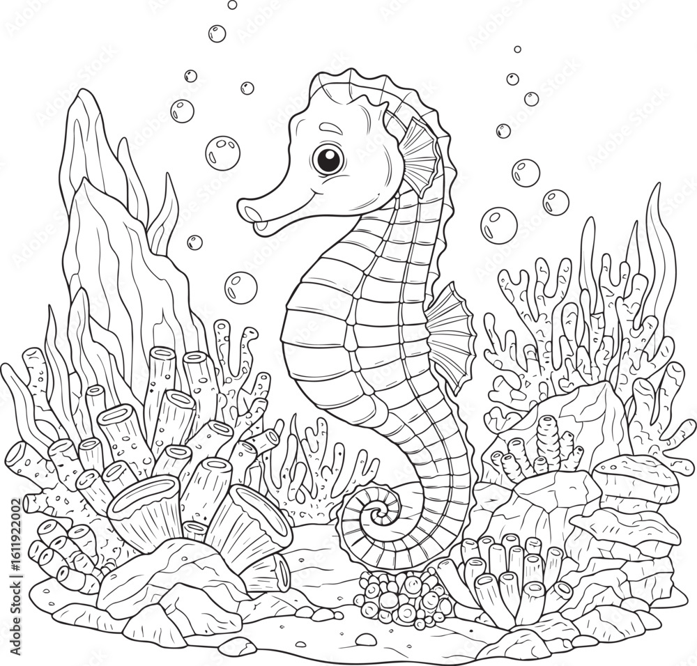 Fototapeta premium Whimsical illustration of a seahorse surrounded by detailed underwater coral and bubbles