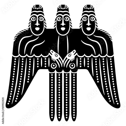 Fantastic winged character with three heads. Permian animal style. Ethnic figurine of totem ancestor or pagan deity from ancient Siberia. Black and white silhouette.