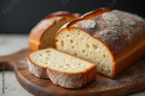 Close-up Appetizing Artisan Bread Slices on Rustic Wooden Board ai generated