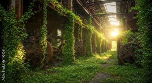 Sunlit overgrown factory