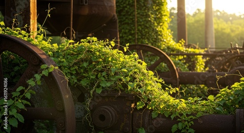Rusted machinery overgrown with vines