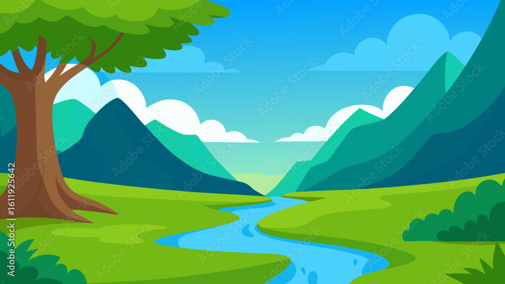 Fototapeta premium Picturesque 2D cartoon art background scene depicting a serene view