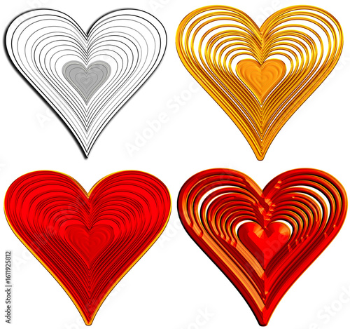 set of heart shaped golden hearts, Jewelry Design, 3D Luxury Wall Art Ornament. Ideal for wall art design, luxury branding, fashion and decorative themes.