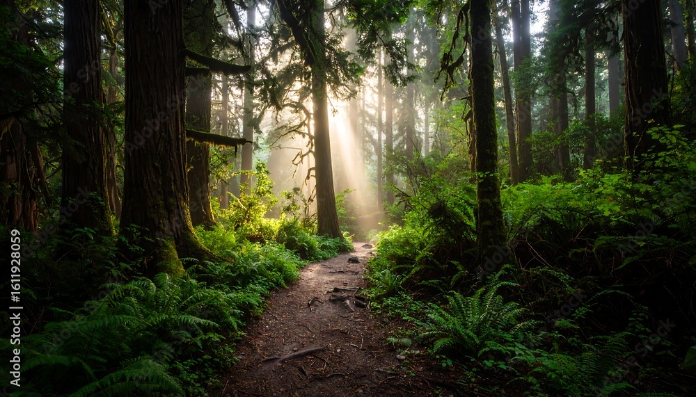 Obraz premium Hiking Trail Through Forest with Sunlight Streaming Through Trees