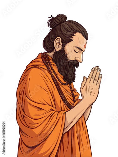 Devoted Hindu Yogi in Prayer Pose Spiritual Offering.