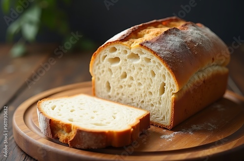 Appetizing Sliced Organic White Bread Loaf on Wooden Board ai generated